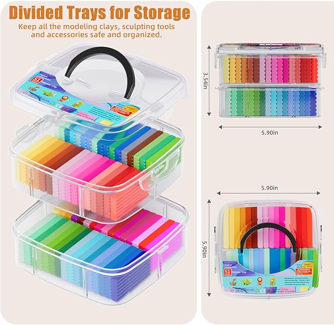 CiaraQ Polymer Clay 51 Colors Starter Kit - Oven Bake Modeling Clay for Kids & Artists, Non-Sticky DIY Clay with Sculpting Tools, Fun Gift for Children Ages 4+, 2.84 lb
