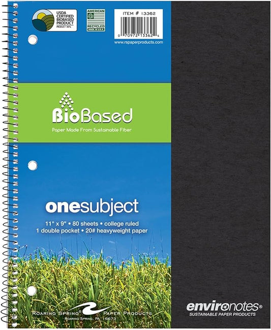 ROARING SPRING Environotes Recycled Spiral Notebook, 1 Subject, 11" x 9", 80 Perforated Sheets, 20 lb Bio-Based Paper, College Ruled w/Margin, Assorted Earthtone Covers, Double Pocket, Made in USA
