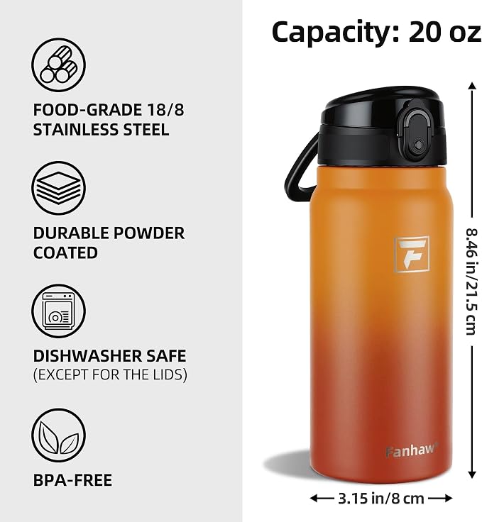 Fanhaw 20 Oz Insulated Stainless Steel Water Bottle with Chug Lid – Wide Mouth, Leak-Proof, BPA-Free – Ideal for Kids, Adults, Sports, Gym, and Outdoor Use (Yellow Orange)