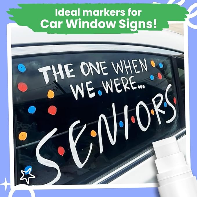 Chalkola 15mm Jumbo Car Window Markers for Glass Washable | (4 Pack - 2 White, 2Black) Thick Chalk Pens, Safe Erasable Liquid Chalk Markers for Blackboard Chalkboards, Glass Board, Auto, Mirror