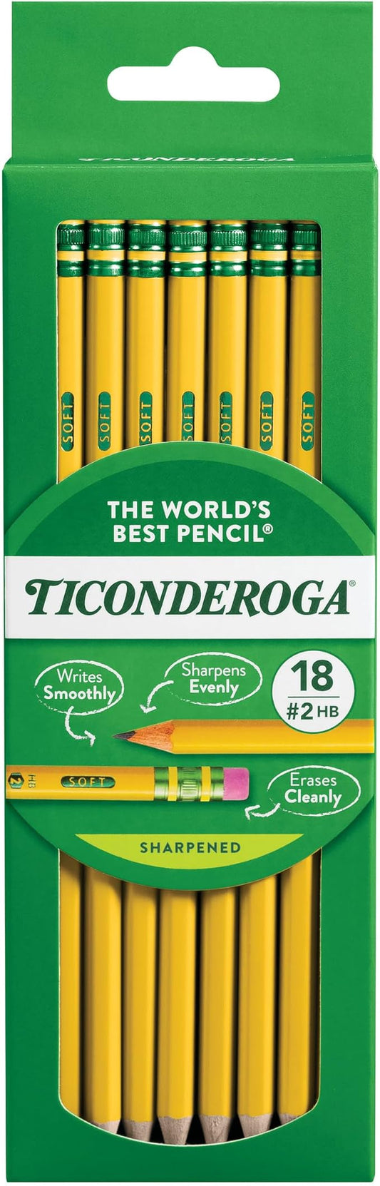 Ticonderoga Wood-Cased Pencils, Pre-Sharpened, #2 HB Soft, Yellow, 18 Count