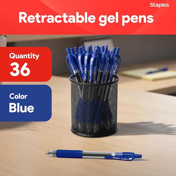 STAPLES Retractable Gel Pens, Fine Point 0.7mm, Blue Ink, 36 Pack – ProGel Smooth‑Writing, Quick‑Dry Pens for Office & School | Smooth-writing, quick-dry ink for everyday office and school stocking.