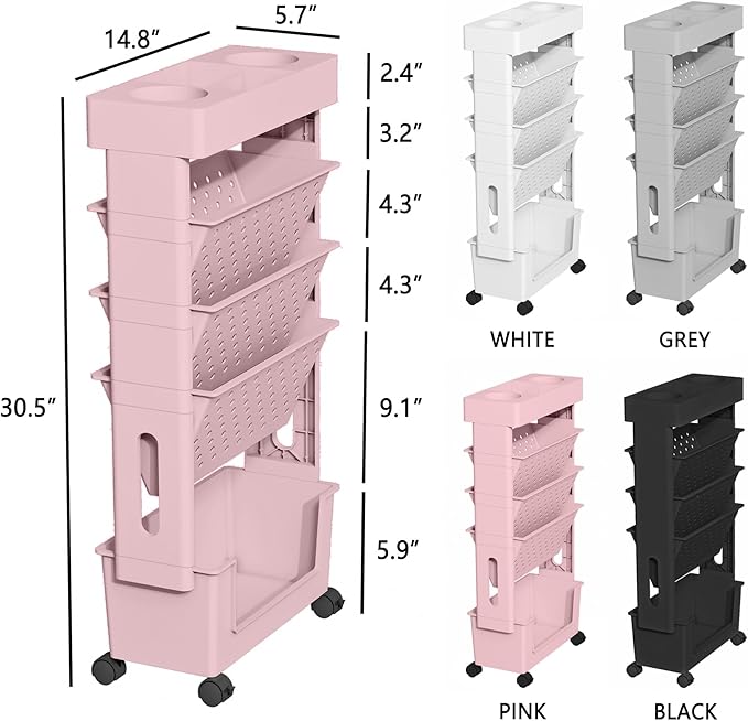 5-Tier Mobile Bookshelf, Rolling Bookcase Book Storage Rack, Movable File Folder Organizer Cart with Wheels for Home Study Office Living Room Classroom, Light Pink