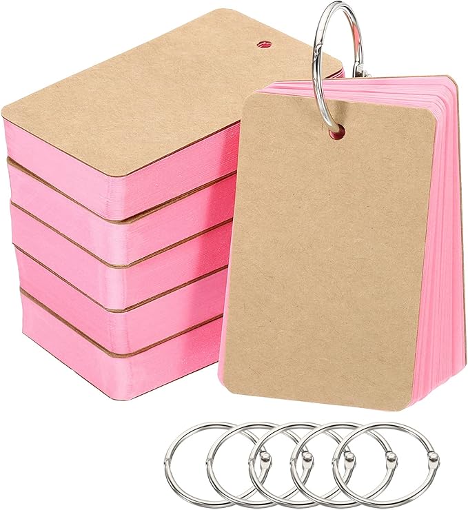 PATIKIL Blank Index Cards with Ring, 300Pcs Colored Blank Flash Card 3.5" x 2" Note Card Study Card for Memory Learning Studying Office Supplies, Pink