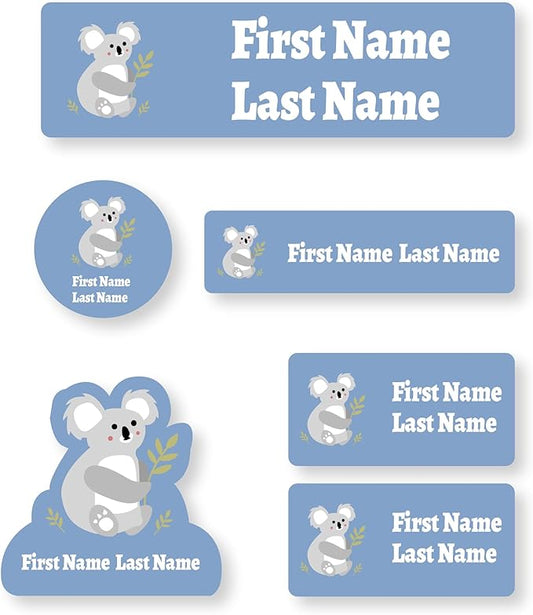 Personalized Kids Name Labels – Waterproof Custom Stickers for Daycare & School, Dishwasher & Laundry Safe (Koala - Blue)