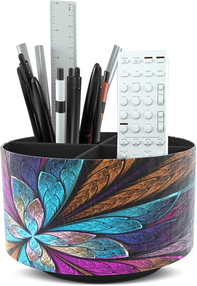 Round Leather Art Supply Organizer,Remote Control Holder,360 Degree Rotating,Multi-Functional Pencil Holder,4 Compartments Desktop Stationary Organizer(1-Fractal Flower) | Round, 360 Degree Rotating, Multi-Functional, Desktop