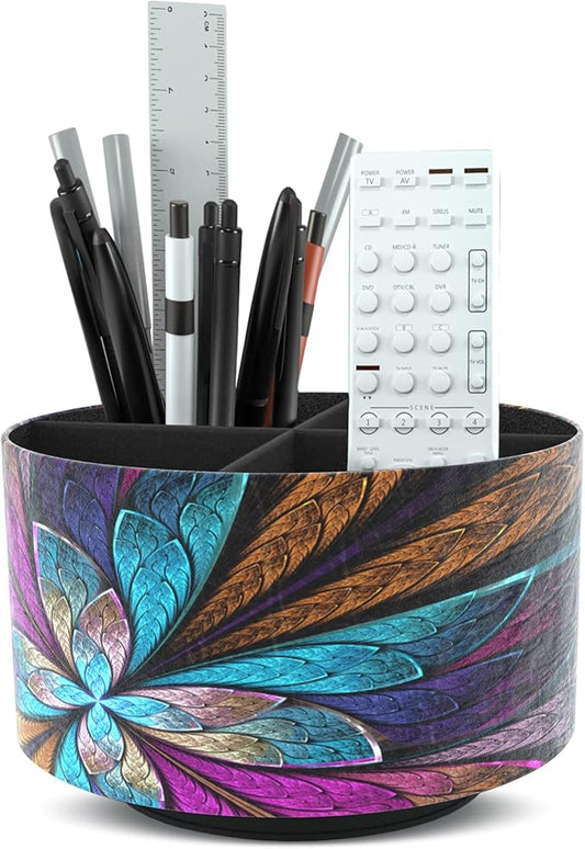 Round Leather Art Supply Organizer,Remote Control Holder,360 Degree Rotating,Multi-Functional Pencil Holder,4 Compartments Desktop Stationary Organizer(1-Fractal Flower) | Round, 360 Degree Rotating, Multi-Functional, Desktop
