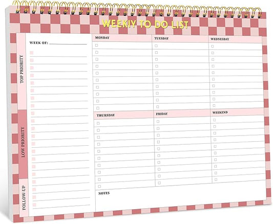 Taja Weekly To Do List Notepad with 52 Undated Sheets（8.5"×11"）- Weekly Desk Planner for Women & Man, Work and Home - 1 Pack Rose Checkered