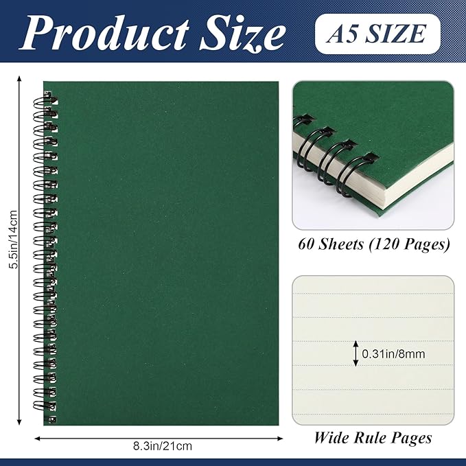 Leelosp 12 Pcs Small Spiral Notebook Lined Spiral Journal College Ruled Notebook Wire Bound Kraft Cover, 120 Pages for Work (Dark Color,5.5 x 8.3 Inch)