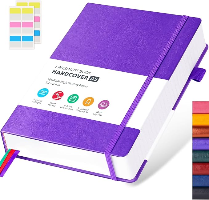 FOCUS DAY Lined Journal Notebook, 320 Pages Leather Hardcover Thick A5 College Ruled Thick Classic with Pen Loop, for Writing Women Men Office Work, 5.7'' X 8.4'', Pearlescent Purple