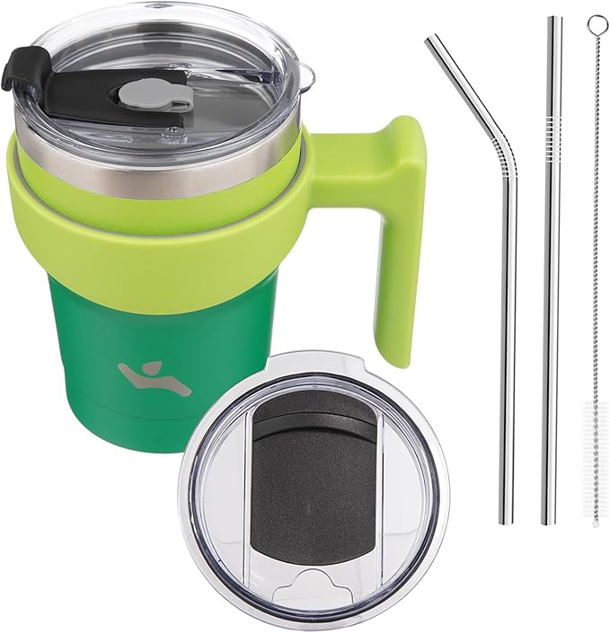 Konokyo 10 oz Tumbler with Handle and 2 Straw 2 Lid, Insulated Water Bottle Stainless Steel Vacuum Cup Reusable Travel Mug,Matcha Green