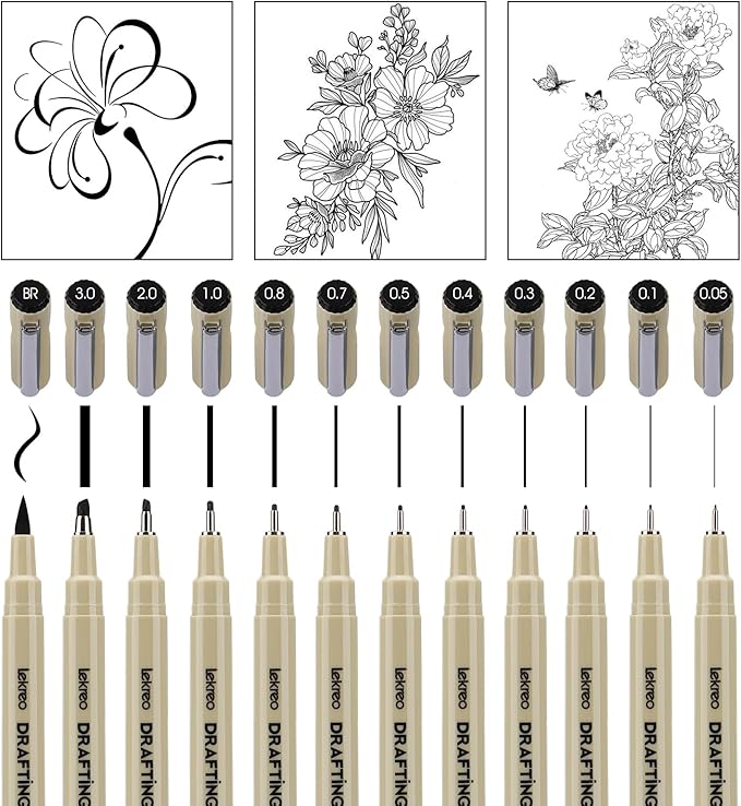 12-Piece Fineliner Pen, Assorted Point Sizes 0.05 to 3mm & Brush Pens, for Art, Writing & Bullet Journaling (12 Point Sizes)