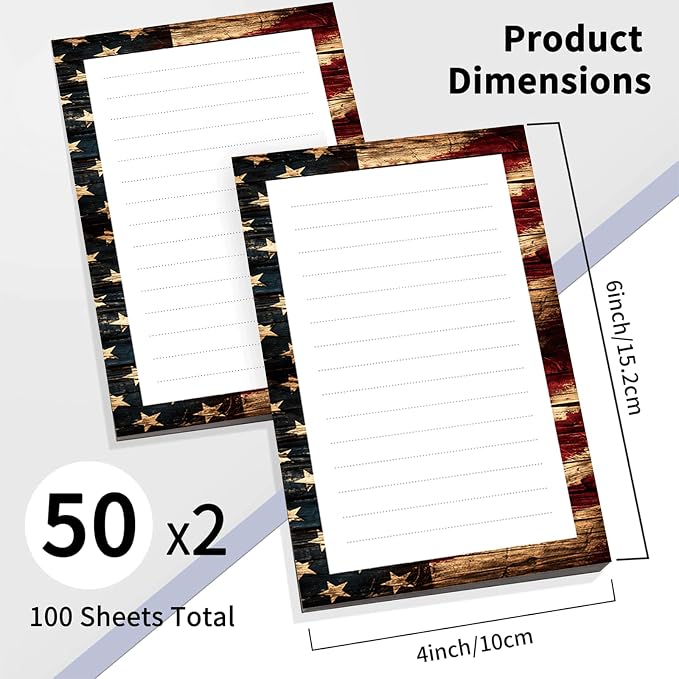 2 Pack Lined Sticky Notes 4x6 in, Cute Self-Stick Notepads with Lines, Large Memo Pads Strong Adhesive for Office, Home Retro American Flag