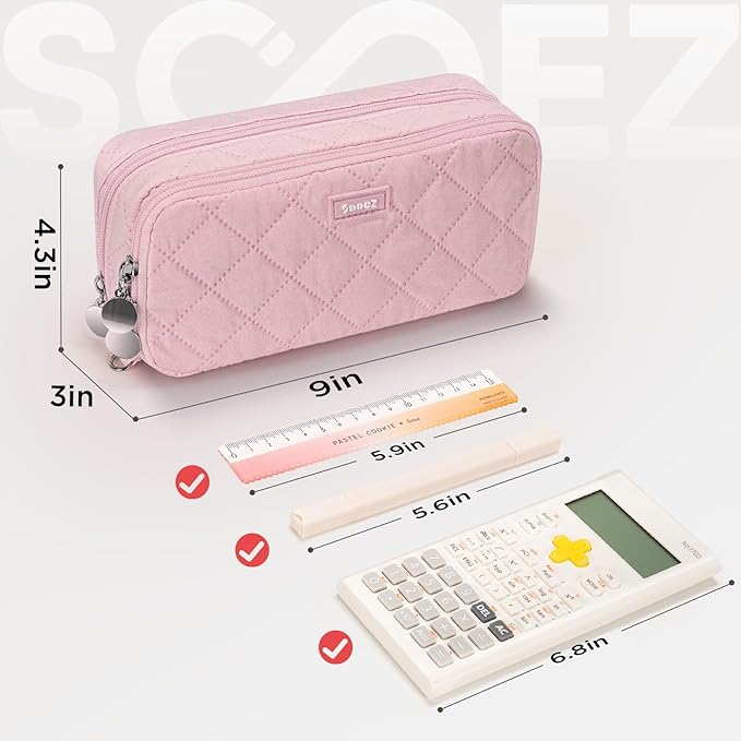 Sooez Large Pencil Case Pouch, Extra Big Pencil Bag with 8 Compartments, Pen Bag Wide Opening, Soft Quilted Pencil Pouch Organizer with Zipper, Portable Pencil Case for Teen Girls, Blush