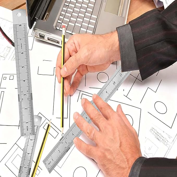 2 Pack Metal Ruler, Double-Sided Scale【6,12inch/15,30cm】 Steel Ruler Set for Architects, Home,School， Office, and Craft