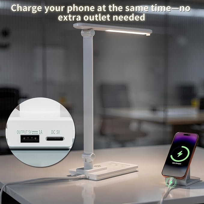 ELECTRI LED Desk Lamp, Touch Desk Light with USB Port, 5 Color & Stepless Dimming, 360° Rotatable ＆ Foldable, Reading Lamp for Table Study Work Office Nail Craft Puzzle(with Adapter) (White)