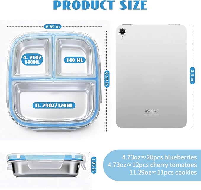 2 Pack Snack Containers for Kids, 3 Compartments Reusable on the go Bento Box with Lids, Stainless Steel Toddler Lunch Box Pre Meal Storage for Daycare School Outdoor Camping - Blue Orange