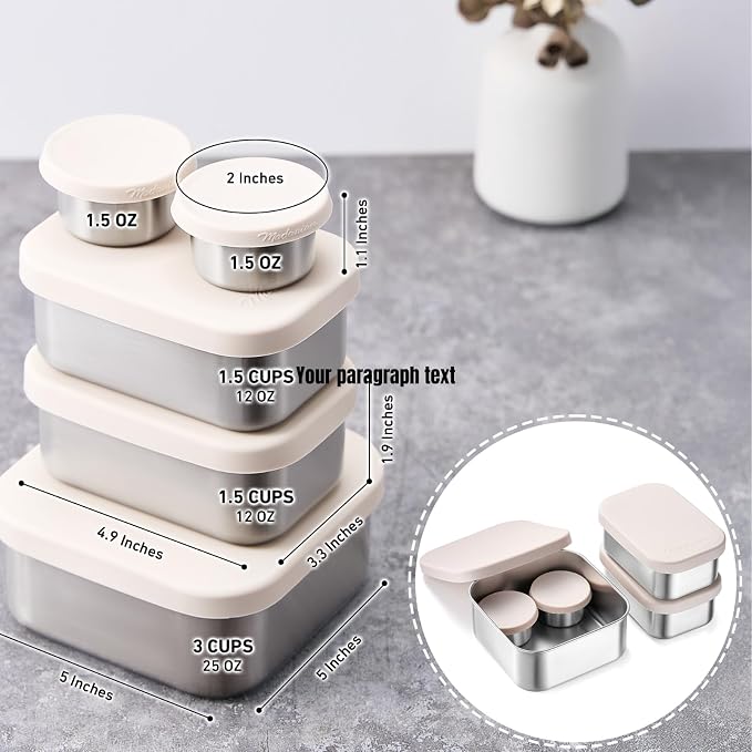 Flexibento - Leak proof Stainless Steel Lunch Box Containers, Sandwich and Snack Containers with Silicone Lids Metal Lunch Box, Bento Box , Set of Five , Vanilla , 1*25 OZ+ 2*13 OZ + 2 *2 OZ