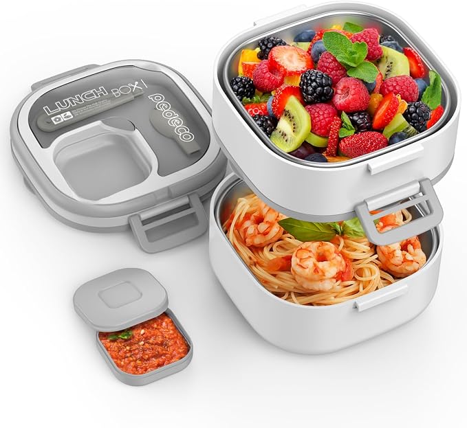 PEDECO Double-Layer Bento Lunch Box for Kids & Adults with Removable Stainless Steel Dividers,Dressing Container,BPA-Free,Dishwasher Safe - Includes Utensil,(White,Non-Insulated)
