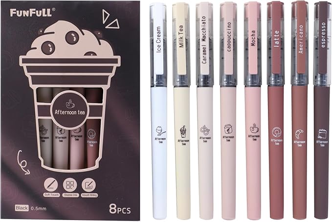Aesthetic Cute Stick Rollerball Pens, Colored Ink Gel Pen, Quick Dry Colored Liquid Ink Pens, 0.5mm Fine Point Coffee Pens Soft Touch Smooth Writing for Journaling School Supplies (8 Pack)