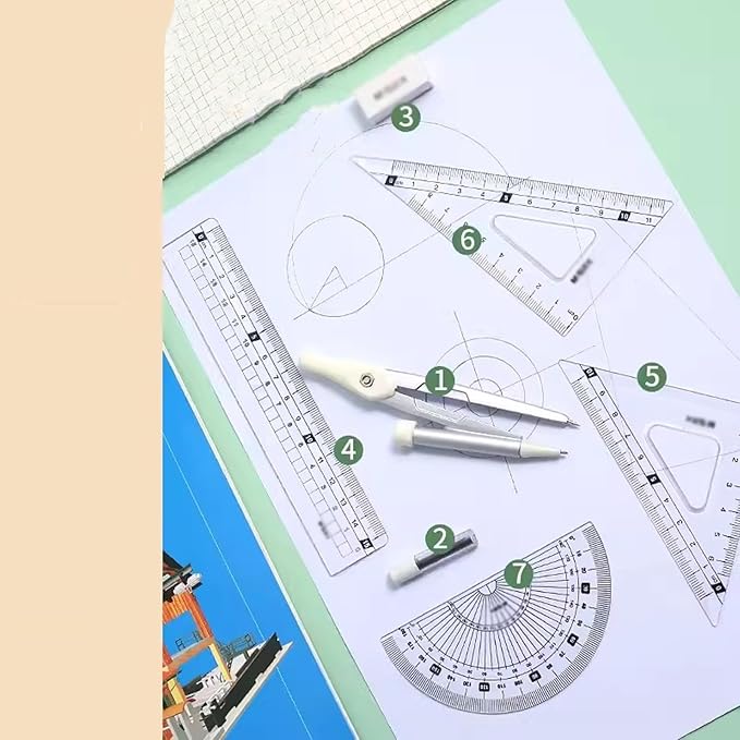 Compass Geometry Tool Geometry Set 7 Piece Math Supplies Kit Including Compass, Protractor, Ruler, Eraser, Lead Lead for Drawing and Measuring Drafting Tools Geometry Tool Set (Color : A)