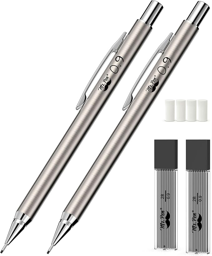 Mr. Pen- Metal Mechanical Pencil Set with Lead Refills & Erasers, 2 Pack, 0.9mm, 4x Tubes 2B Lead Refill, 4x Eraser Refills for School Supplies, Note Taking, Drawing, Sketching, Office