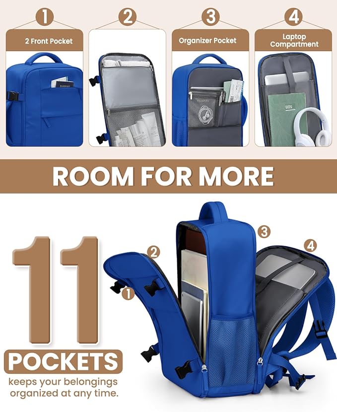 Pritent Travel Backpack for Women Man, Waterproof Personal Item Travel Bag Airline Approved Laptop Backpack Bookbag Weekender bags for Business,Travel, Work Fits 15.6 inch Laptop(Medium,Royal Blue)