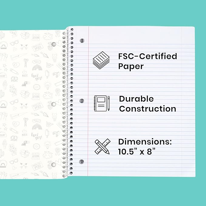 Yoobi College Ruled Spiral Notebook Set – 6-Pack of 2 Subject Notebooks, Pink, Gray & Marble Designs for Kids & Tweens – 150 Perforated 3-Hole Punched Sheets Each – 10.5” x 8”