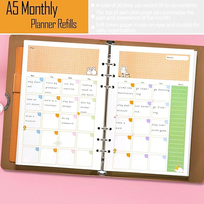 Rancco A5 Planner Inserts Monthly Planner Refills, 90 Pages Colorful 6-Ring Loose-leaf Monthly Binder Paper w/Divider, PVC Pouch, Ruler, Index Tab for Journal, Filofax, Double-sided, Undated,8.3x5.6"