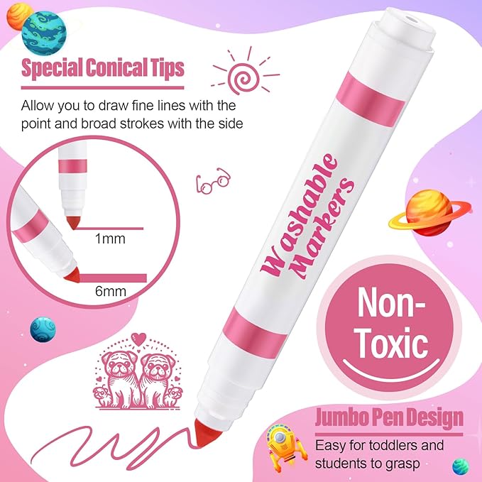 24 Pcs Washable Markers Bulk Broad Line Markers Coloring Conical Tip Large pens for Kids art projects, Teachers, Students, Toddlers, Party Favors, Classrooms, Donations(Light Pink)