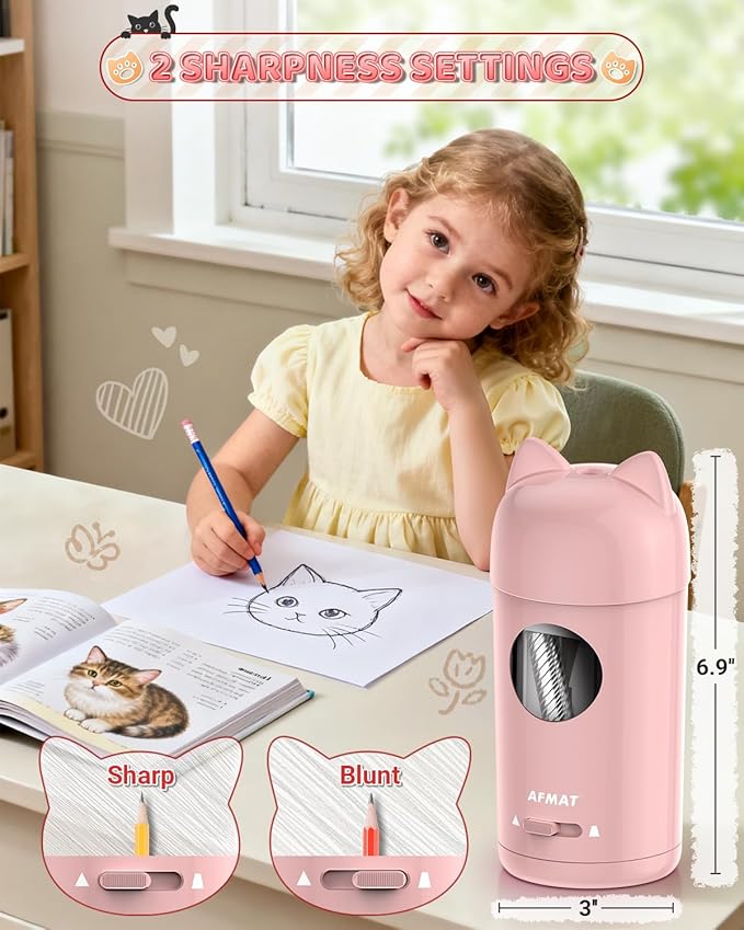 AFMAT Electric Pencil Sharpener, Pencil Sharpener for Classroom, Auto in & Out, Fully Automatic for φ7-8mm Pencils, Rechargeable & Cordless, Kids Pencil Sharpeners for Classroom Home School PSX9