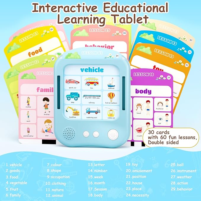 Interactive Educational Learning Tablet Toy for Kids,Screen-Free Phonics Learning Toy with 30 Flash Cards for Alphabets, Numbers, Words, Animals, Learn to Read for Boys Girls 3-5 Years Old, Blue