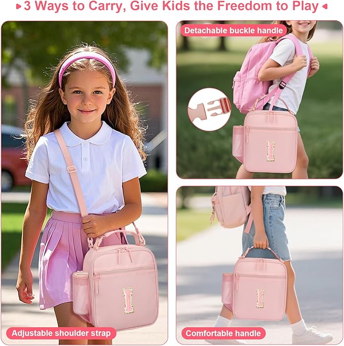 Initial Insulated Lunch Bag for Girls Kids, Back to School Gift, Reusable Leak-proof Lunch Box with Adjustable Strap for School Daycare Travel Picnic (Pink,I)
