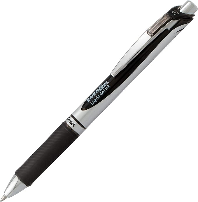 Pentel EnerGel RTX Retractable Liquid Gel Pen, (0.7mm) Medium Line, Metal Tip, Black Ink, Box of 12 (BL77-A)