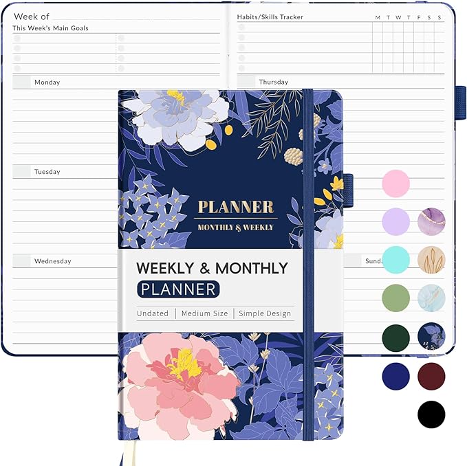 Undated Weekly Planner for 2026, Forvencer Simplified Weekly & Monthly Calendar Planner, Cute Daily Organizer Notebook, Agenda Journal to Track Goals & Tasks, Start Anytime, A5 Size, Navy Floral