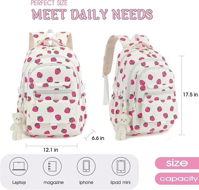 PRLINJSK Girls Backpack for College High Middle School Student, Cute Aesthetic Bookbag for Teens Women with Accessories, Beige Strawberry