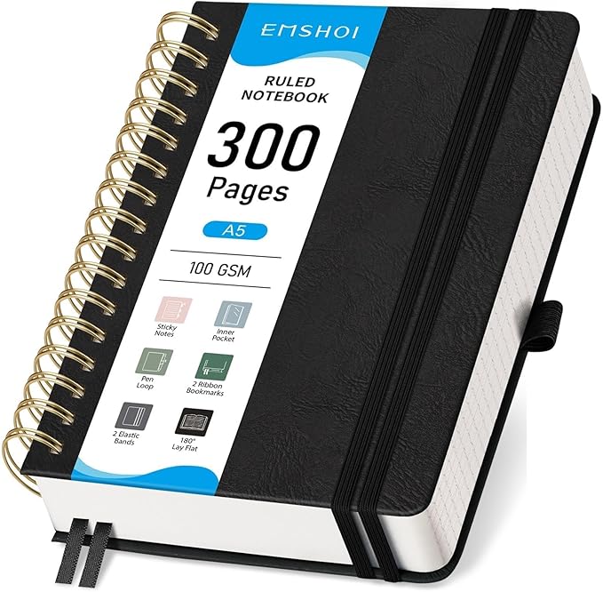 EMSHOI A5 Spiral Notebook College Ruled, Thick 300 Numbered Pages 100GSM Ink-Proof Paper, Faux Leather Hardcover Lay-Flat Lined Journal for Work Office School Writing, 5.7"x8.22", Black