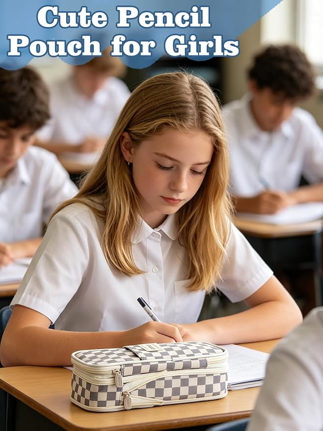 Bigmeta Gingham Expandable Pencil Case for Teens Girls - Light Gray | Zipper Gusset for Adjustable Capacity, Checkered Cute Pencil Pouch, Stationery Bag Box for Student Back to School Gifts