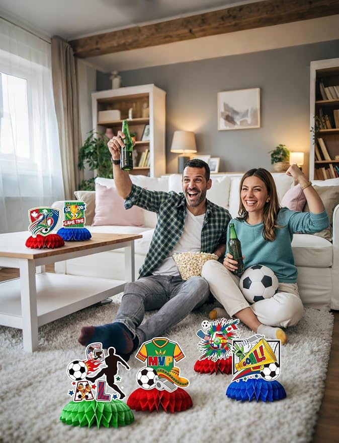 Soccer Table Decorations, 9PCS Soccer Centerpieces for Table, Green Red Blue Honeycomb Centerpieces, 3D Sports Themed Party Decorations for Game Day, Birthday & Sports Watch Party Supplies