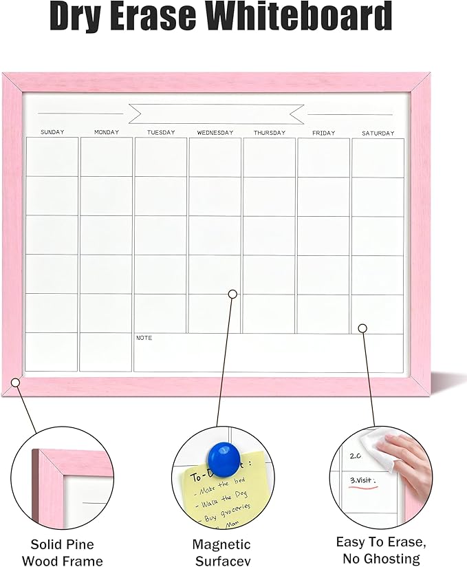 TORASO Dry Erase Monthly Calendar Board, Magnetic Whiteboard for Wall, Office/School/Home, Solid Wood Pink Frame Hanging Board 10.5"x 14.5"(YL-Pink-2737-B)