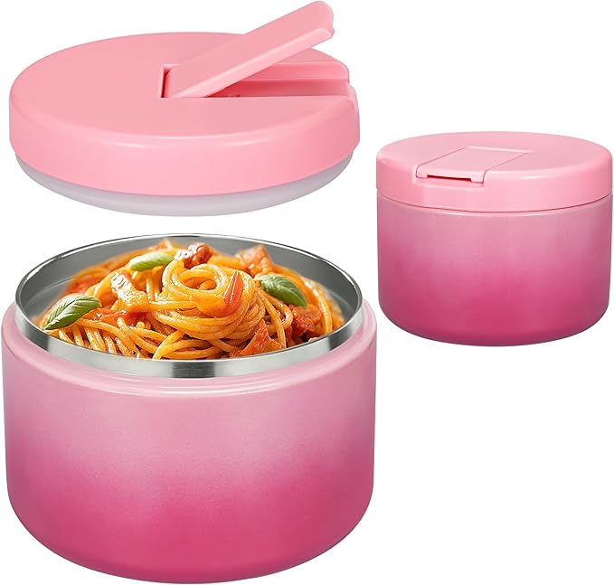 Pawtong 12oz Insulated Vacuum Food Jar with Buckle Lid Wide Mouth Soup Thermo for Hot Food Kids Leakproof Stainless Steel Lunch Container (Gradient Pink, 12OZ)