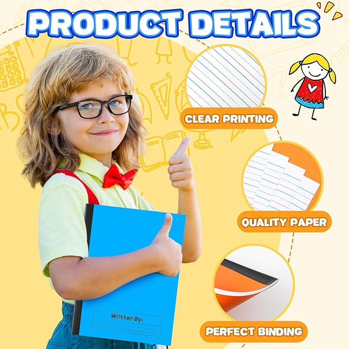 Henoyso 6 Pcs Primary Composition Notebook K-2, Wide Ruled 9.75" x 7.5" Journals, 60 Pages, Writing & Handwriting Practice for Kindergarten, 1st & 2nd Grade, Back to School Supplies (Stylish Color)