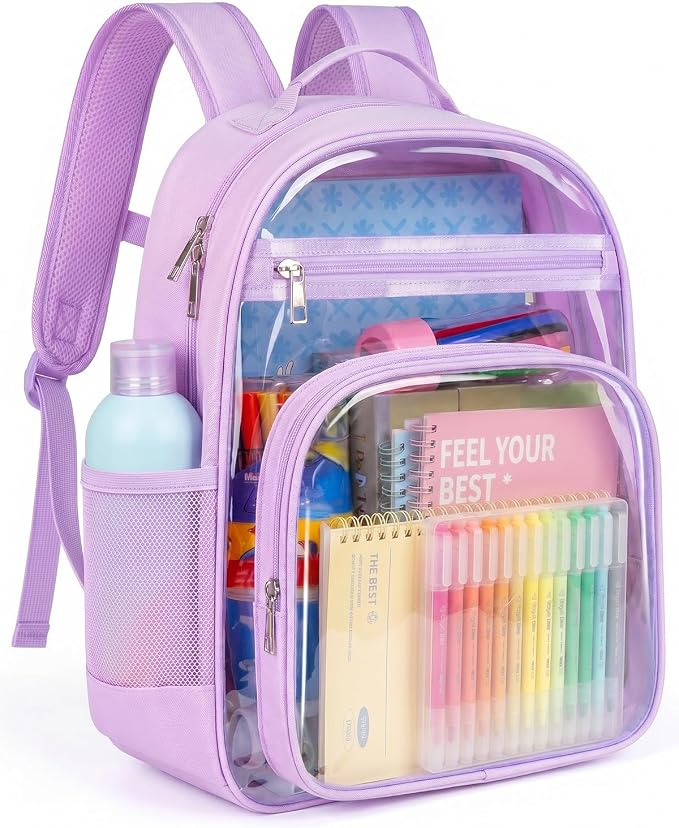 Soimeat Clear Backpack for Girls Boys - Kids Clear Bookbag - Fabric & PVC Transparent Backpacks for Elementary School, Purple
