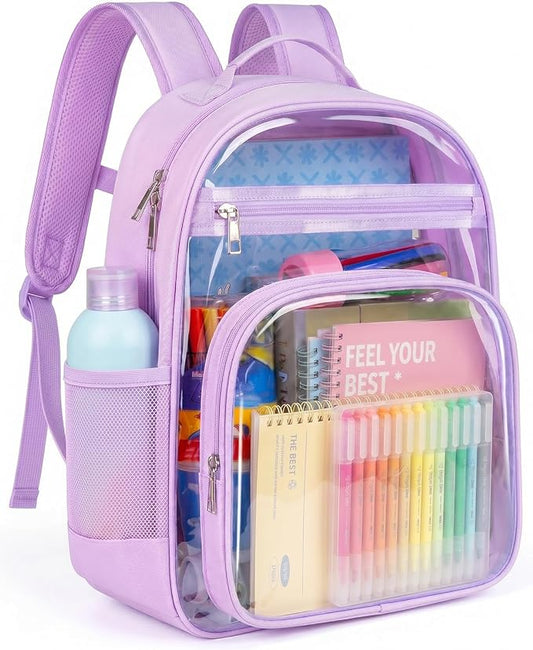 Soimeat Clear Backpack for Girls Boys - Kids Clear Bookbag - Fabric & PVC Transparent Backpacks for Elementary School, Purple