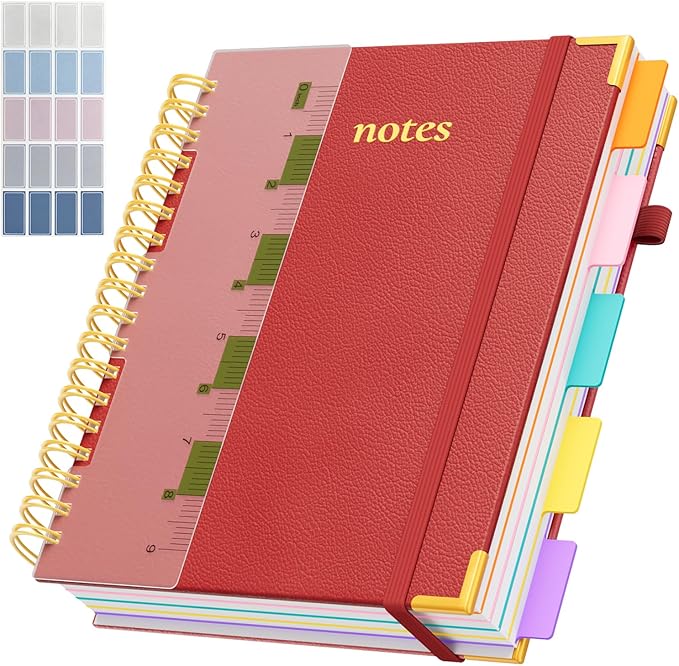 Line Hardcover Spiral Notebook with Removable Dividers Tabs & Ruler, 5 Subject Notebook College Ruled, 300 Page, Large 8"x10" B5 Notebooks for Work School, Lined Journal for Women & Men, Red