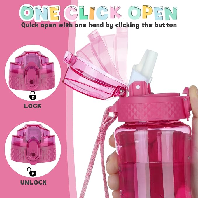 OLDLEY 12oz Kids Water Bottle, Tritan BPA-Free, Leakproof Flip Straw Lid, Motivational Time Marker, Carry Strap, Reusable Clear Water Bottle for Boys & Girls,Eggplant