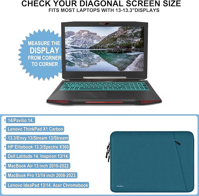 Laptop Sleeve Bag 13.3 inch, Shockproof Protective Computer Cover with Accessories Pocket, Portable Laptop Case Compatible with MacBook Air/Pro 13-13.3 inch, Compatible for MacBook Pro 14 inch, Cyan