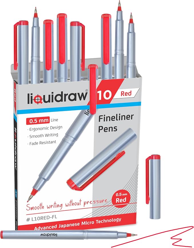 Liquidraw Red Colored Fineliner Pens, Fine 0.5mm Tip, Set of 10