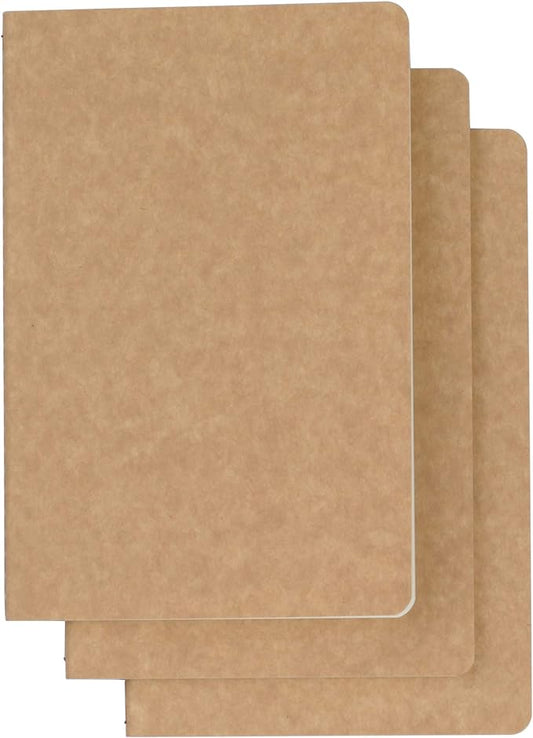 TWONE 3 Pack Travel Journal Notebook for Travelers or School - Kraft Brown Soft Cover - 5.5” x 8.25” - 96 Blank Pages with 48 Sheets