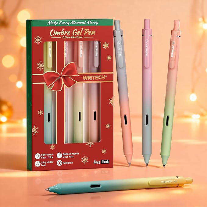 WRITECH Fine Point Gel Pens: 0.5mm 4ct Retractable Click Pen Black Ink Gradient Aesthetic Color Pen Barrel Smooth Writing Journaling No Bleed Christmas Gift for Nurse Student Office